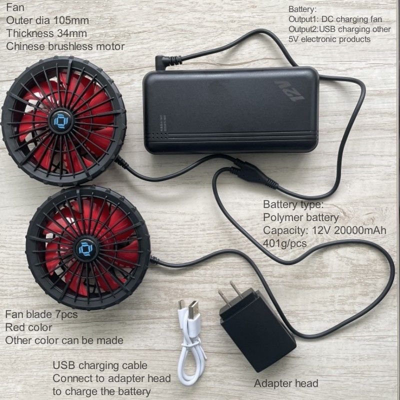 هوا تهویه شده ژاکت خنک کننده فن باتری 12v 20000mAh سرعت بالا 10H زمان کار